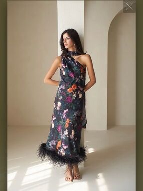 NWT Vasiliki Liya One-Shoulder Floral Maxi Dress with Feather Hem - Black Multi